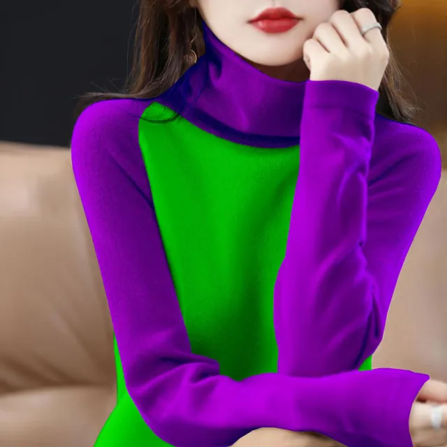 Women's Thin Long sleeved Turtleneck Sweater Loose Knitted Base Purple Green - Shop at LoveMi
