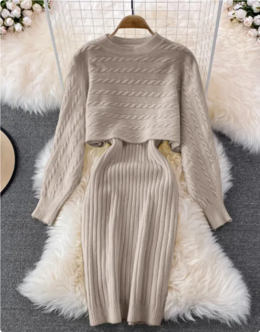 Women's Loose Two-piece Sweater Knitted Dress - Khaki