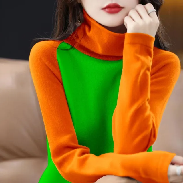 Women's Thin Long sleeved Turtleneck Sweater Loose Knitted Base Orange Green - Shop at LoveMi