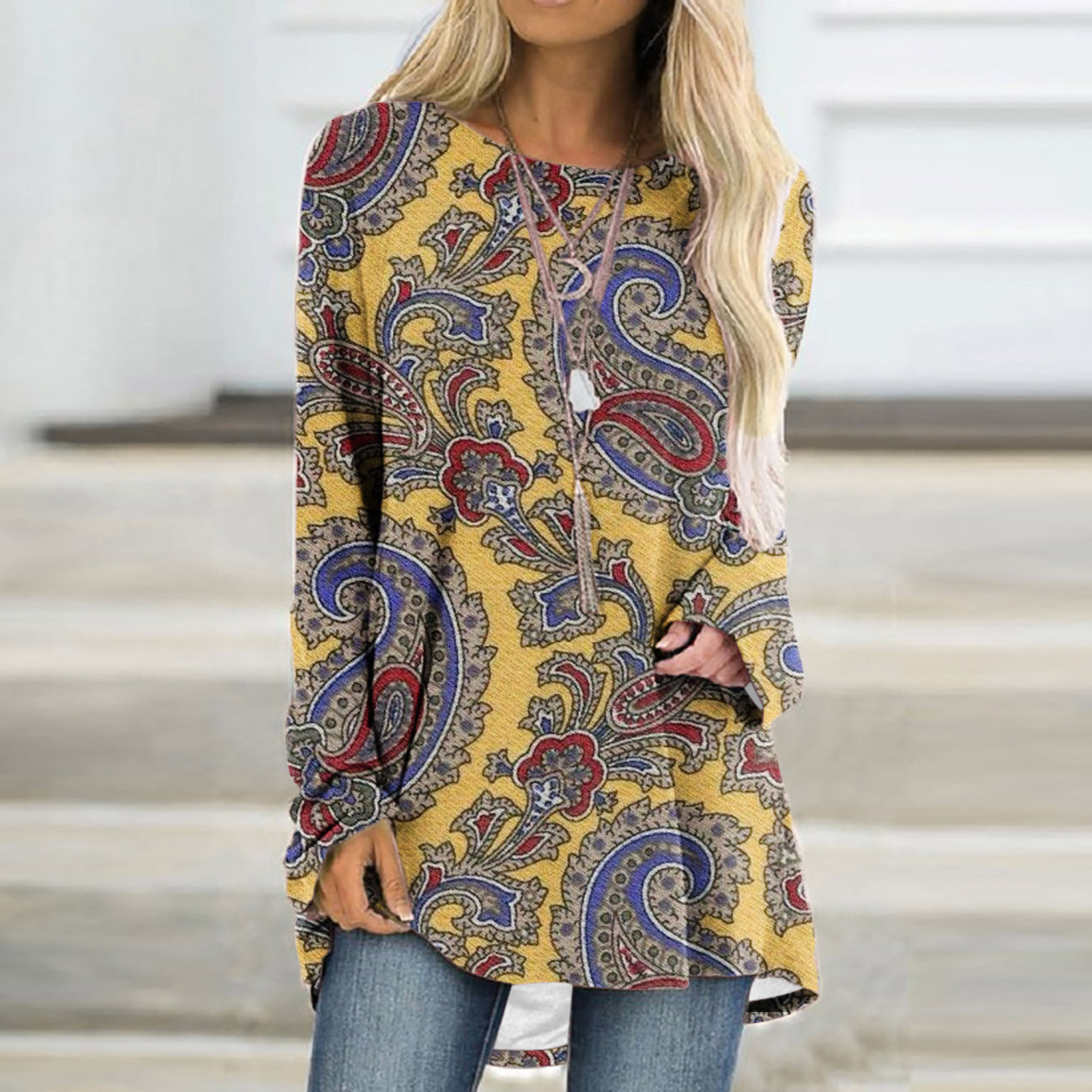 2023 European and American Cross-border Amazon Autumn/Winter New Paisley 3D Print Round Neck Long-Sleeve Pullover T-shirt for Women