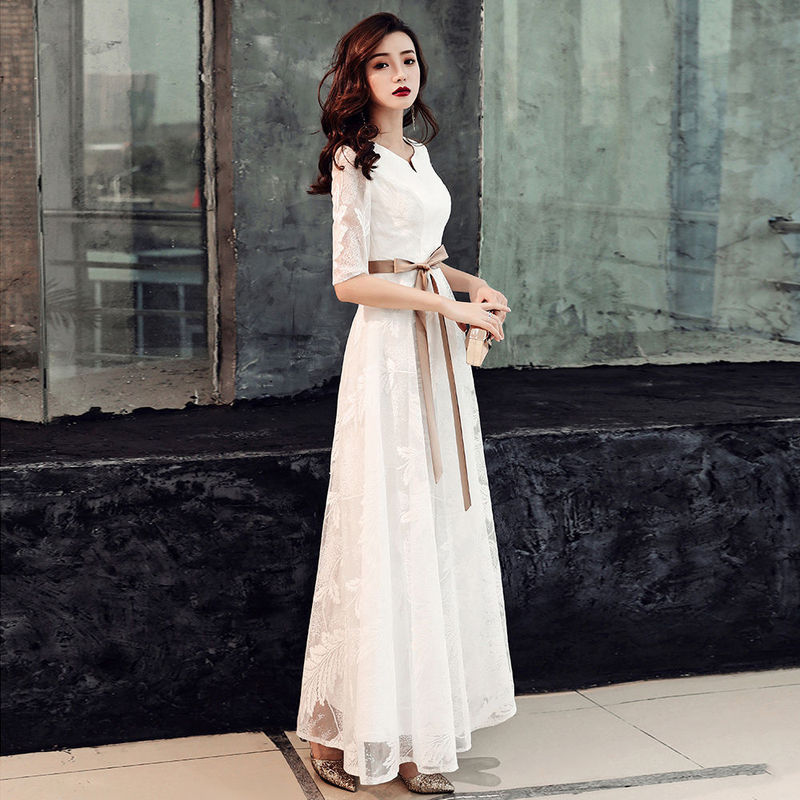 Title 6, Korean Style Banquet Evening Dress White Lace