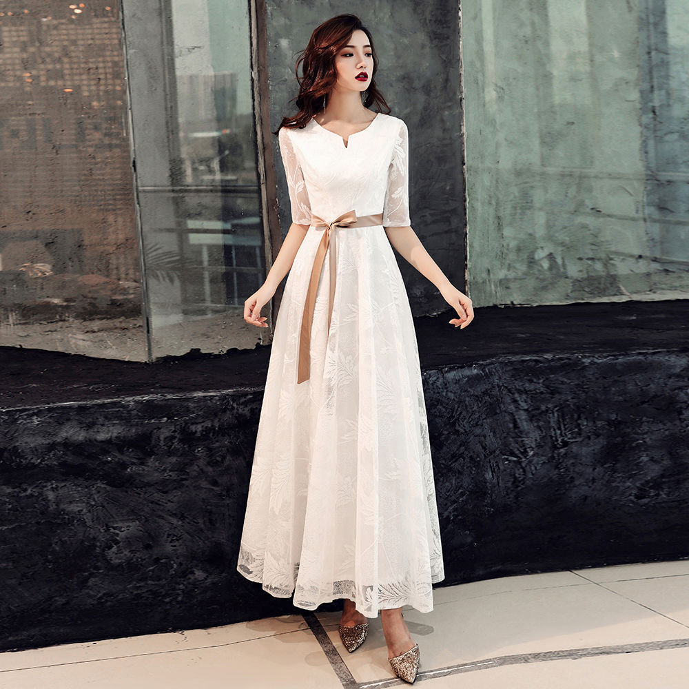 Title 4, Korean Style Banquet Evening Dress White Lace