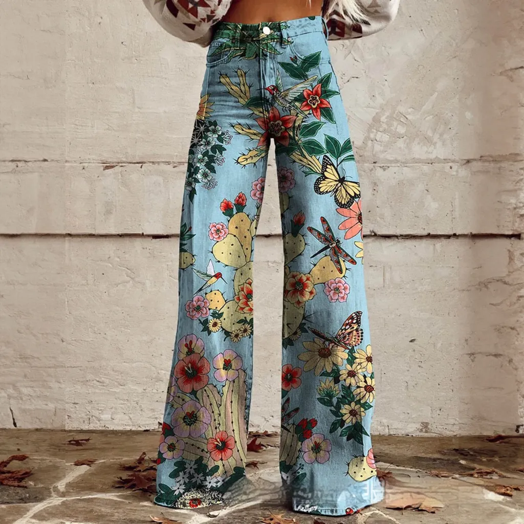 Foreign Trade Plus Size Women's Casual Pants Thin Imitation Jeans Wide Leg - Imitation Denim 4-3Xl