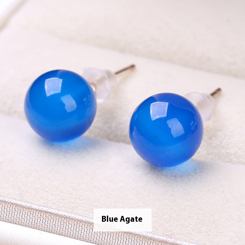 Blue Agate Ball Stud Earrings