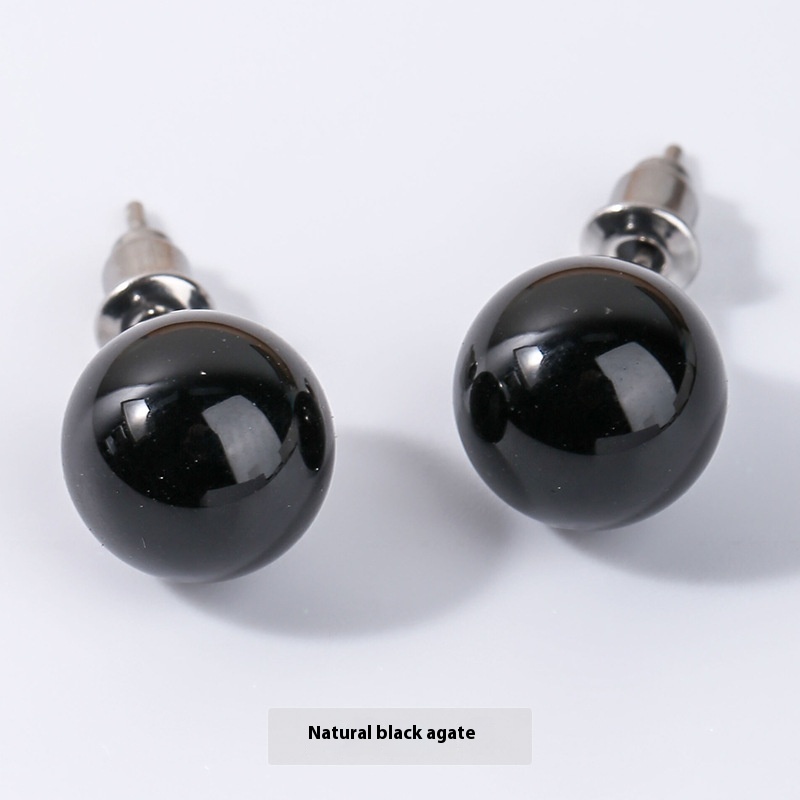 Black Agate Ball Stud Earrings