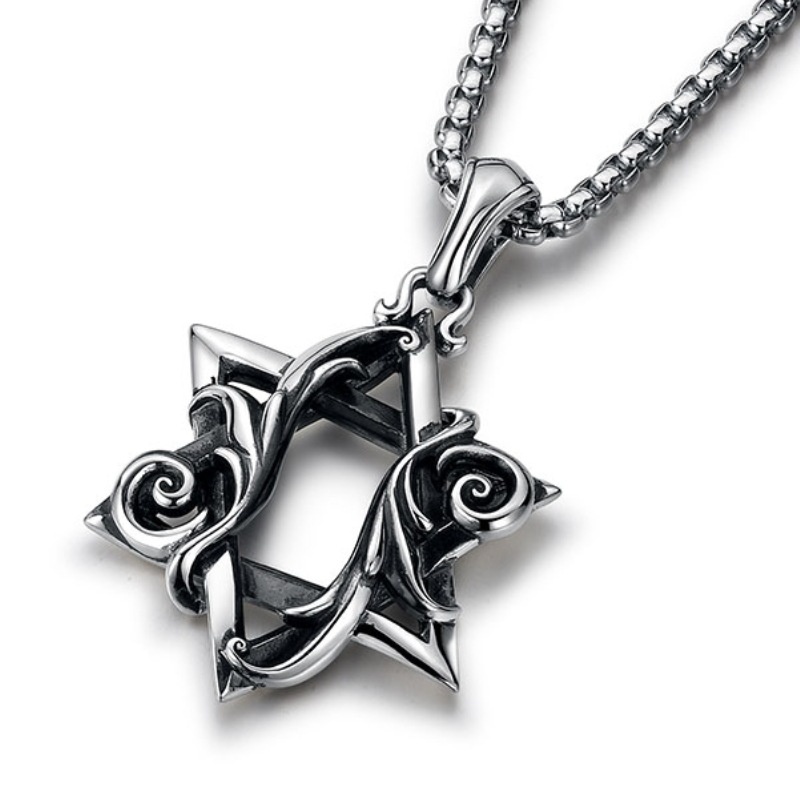 Retro Three-dimensional Rolling Grass Pattern Six-pointed Star Men's Necklace