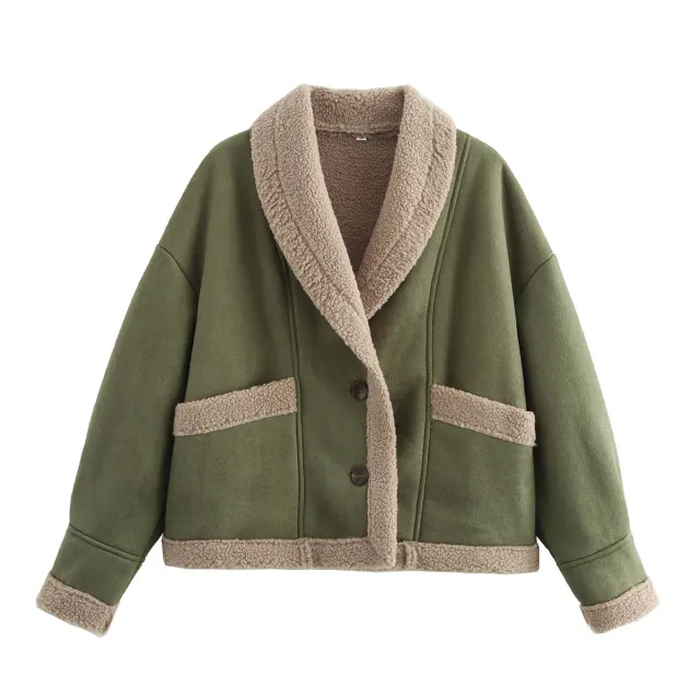 Lapel Woolen Coat With Pockets Winter Fashion Loose Suede Short Top Women's Clothing Green - Shop at LoveMi