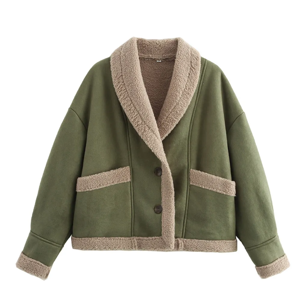 Lapel Woolen Coat With Pockets Winter Fashion Loose Suede Short Top Women's Clothing - Green