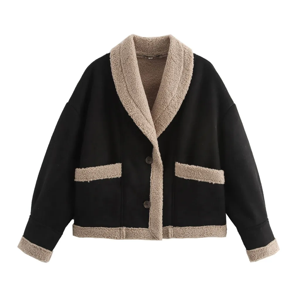 Lapel Woolen Coat With Pockets Winter Fashion Loose Suede Short Top Women's Clothing - Black