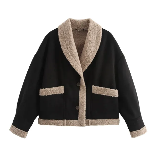 Lapel Woolen Coat With Pockets Winter Fashion Loose Suede Short Top Women's Clothing Black - Shop at LoveMi
