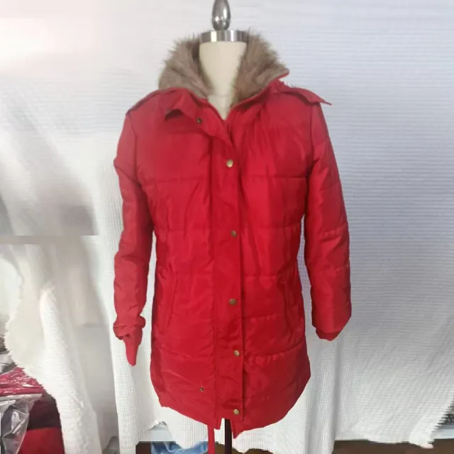 Mid length Autumn And Winter Solid Color Hooded Fur Collar Cotton padded Coat Red - Shop at LoveMi