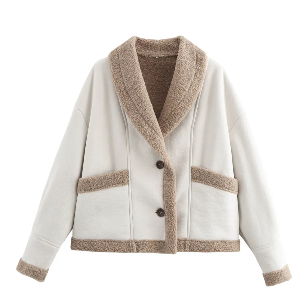 Lapel Woolen Coat With Pockets Winter Fashion Loose Suede Short Top Women's Clothing - White