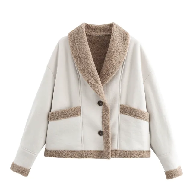 Lapel Woolen Coat With Pockets Winter Fashion Loose Suede Short Top Women's Clothing White - Shop at LoveMi