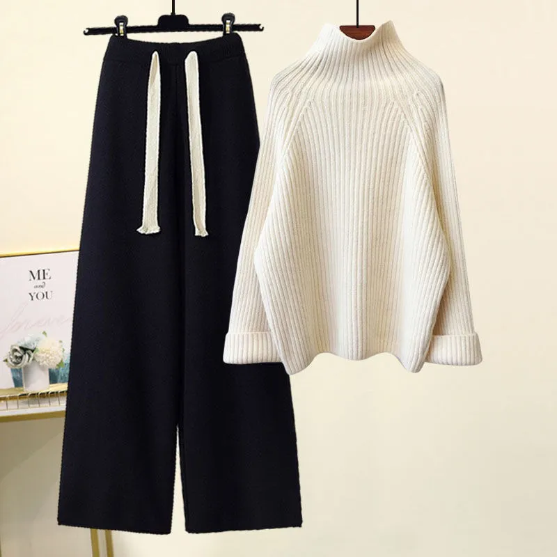 Thickened Coarse Yarn Knitwear Wide Leg Pants Two-piece Set - Suit 1
