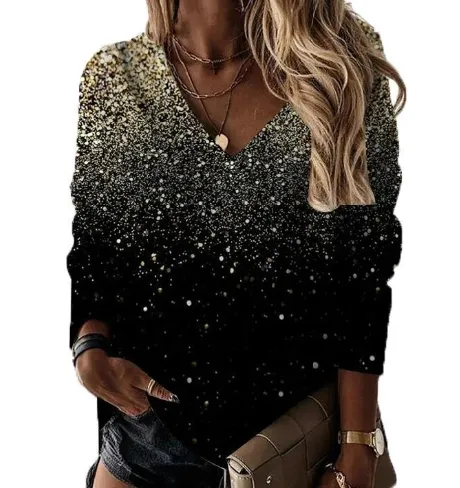 Milk Silk V neck Sequins Long Sleeve Pullover Top Women Black - Shop at LoveMi