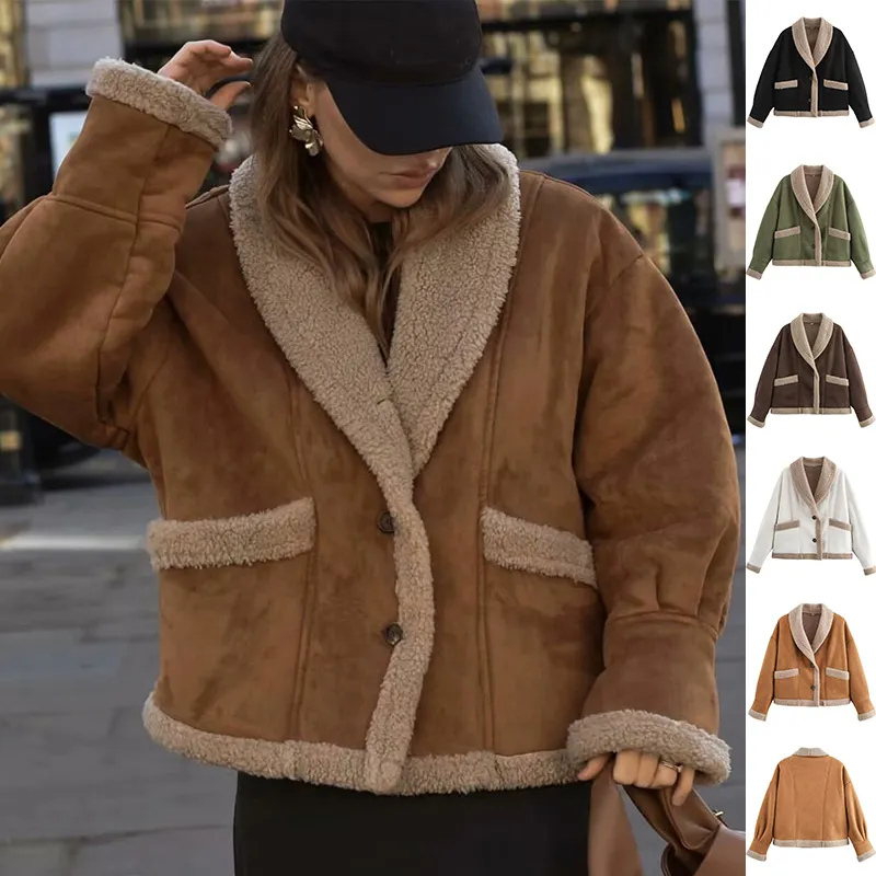 Lapel Woolen Coat with Pockets Winter Fashion Loose Suede