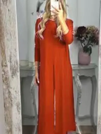 European And American Autumn New Casual Loose Round Neck Split Trousers Two piece Set For Women Orange Red - Shop at LoveMi