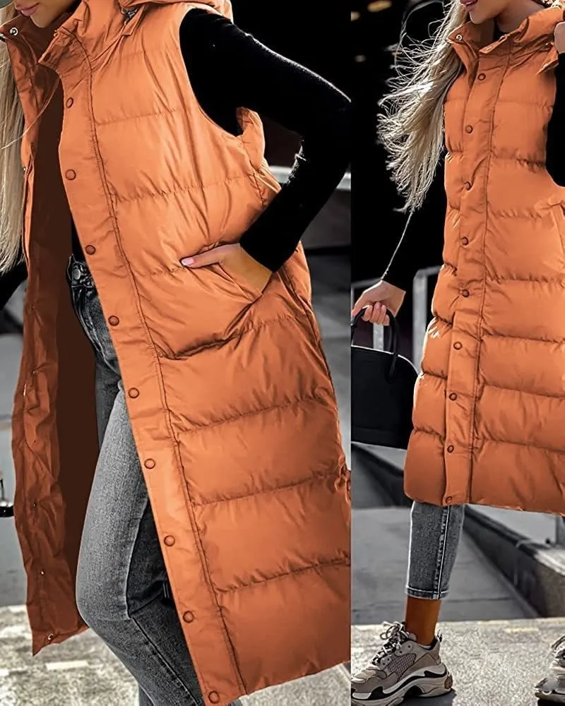 Women's Casual Mid-length Vest Zipper Single-breasted Jacket - Orange Red