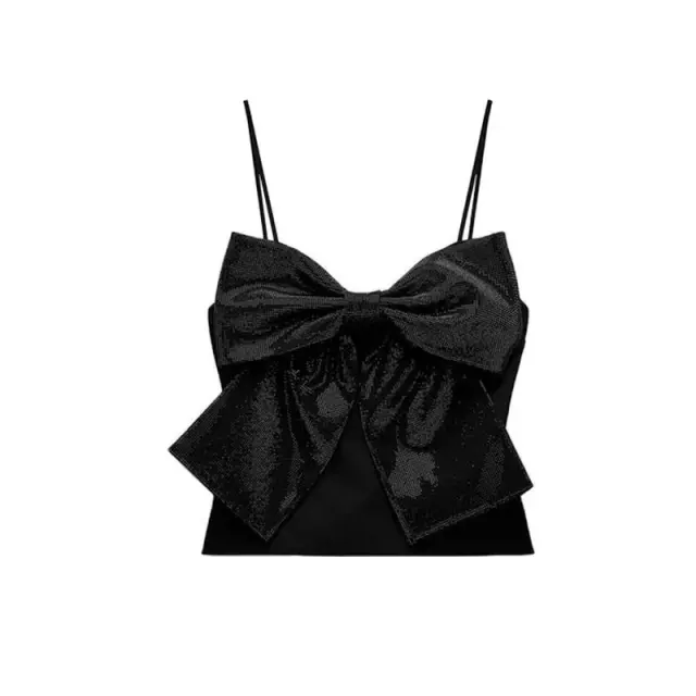 Sleeveless Rhinestone Bowknot Decoration Short Strap Top Black - Shop at LoveMi