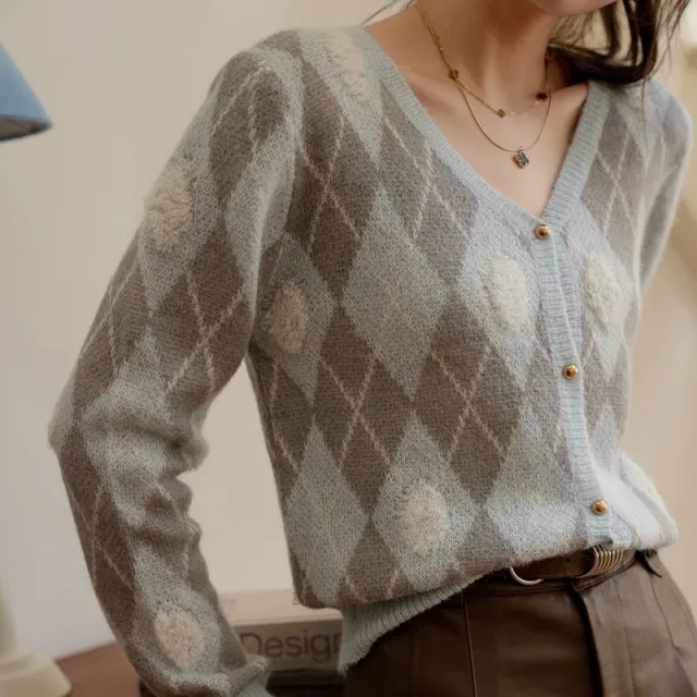 Casual Retro Diamond Plaid Sweater New Fall Women's Clothing Loose Gray Blue - Shop at LoveMi