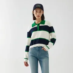 Loose Personality Trendy Girls' Autumn Salt Striped Sweater Retro - White And Green - View 1
