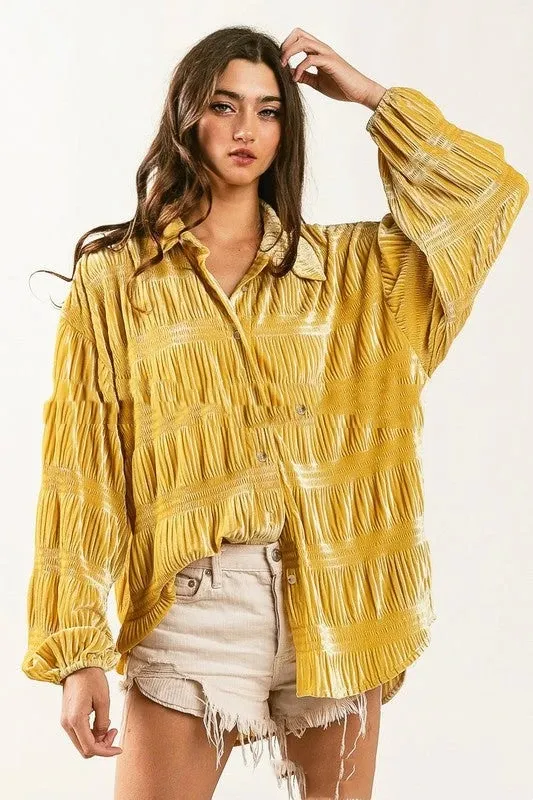 Autumn Multi layer Pleated Velvet Single breasted Shirt For Women Yellow - Shop at LoveMi