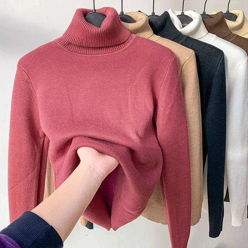 Fleece Turtle Neck Sweater Winter Warm Elegant Thick Knitted Pullover Tops Women's Clothing