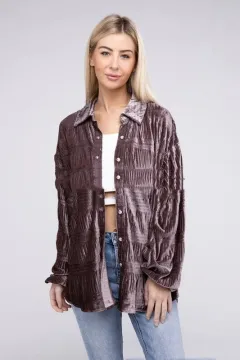 Autumn Multi-layer Pleated Velvet Single-breasted Shirt For Women - Mocha-M - View 1