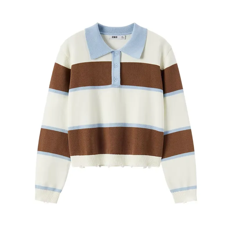 Loose Personality Trendy Girls' Autumn Salt Striped Sweater Retro - Coffee Blue
