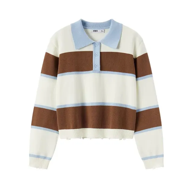 Loose Personality Trendy Girls' Autumn Salt Striped Sweater Retro Coffee Blue - Shop at LoveMi