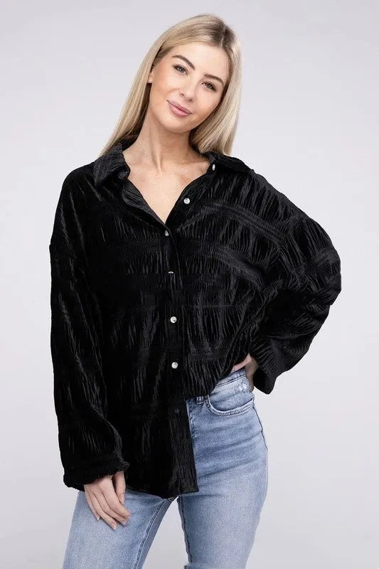 Autumn Multi layer Pleated Velvet Single breasted Shirt For Women Black - Shop at LoveMi