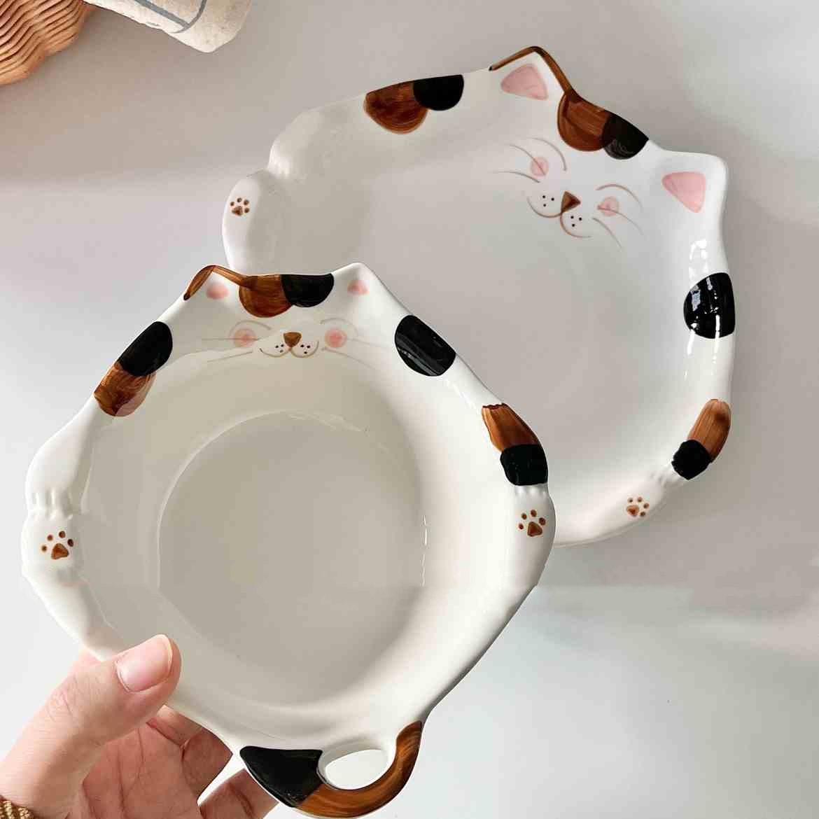 日式可爱手绘猫咪陶瓷餐具套装米饭碗汤面碗餐盘家用菜盘釉下彩