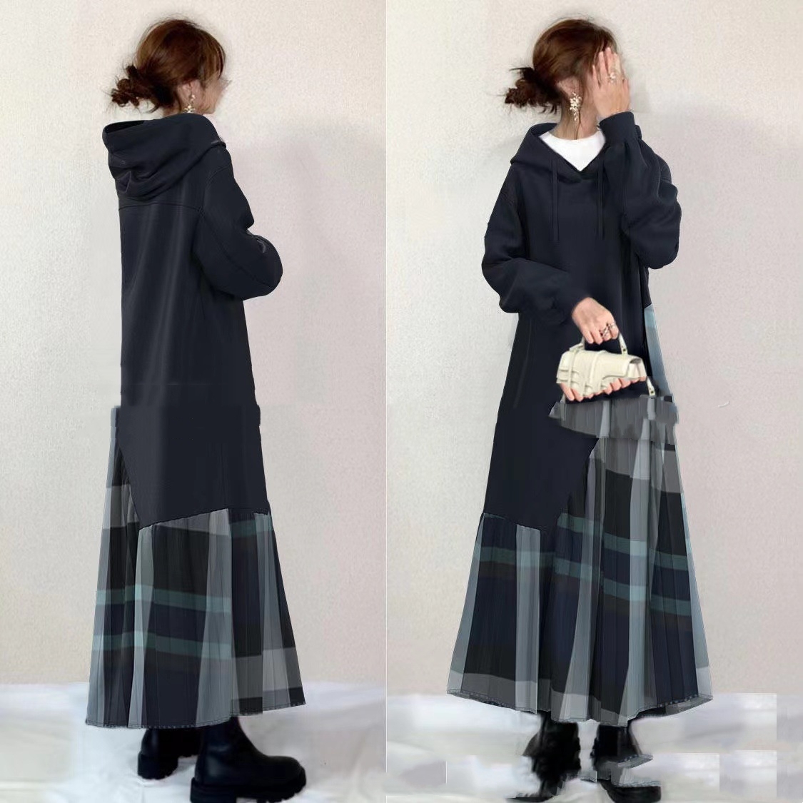 Title 3, Hooded Irregular Stitching Plaid Loose-fitting ...