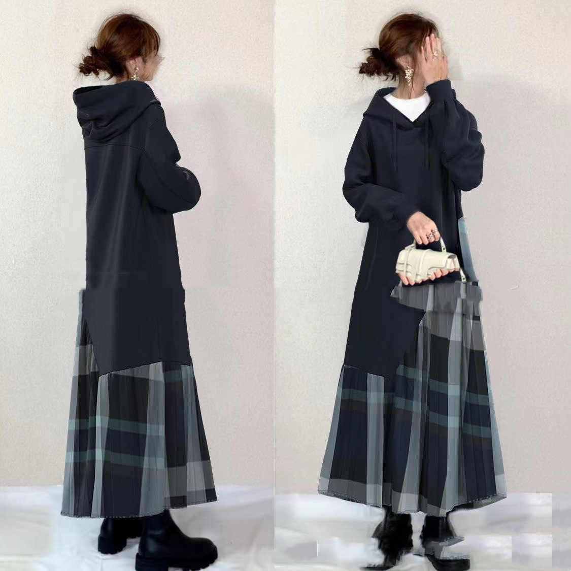 Hooded Irregular Stitching Plaid Loose-fitting Dress