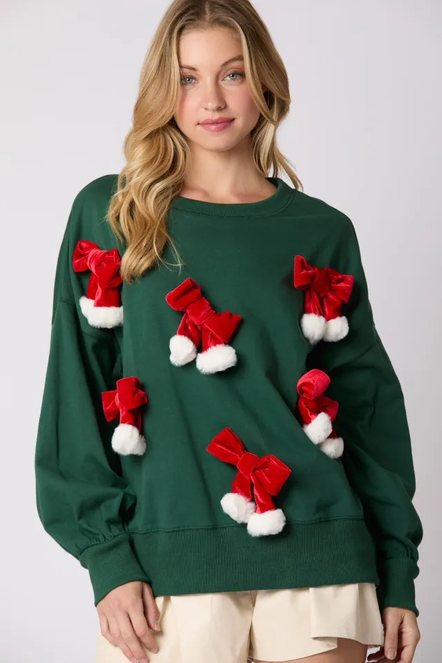 Christmas Bowknot Decorative Top Casual Long Sleeve Sweatshirt Green - Shop at LoveMi