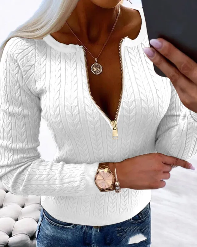 New Fashion Zipper Twist Wool Top Odt99316E White - Shop at LoveMi