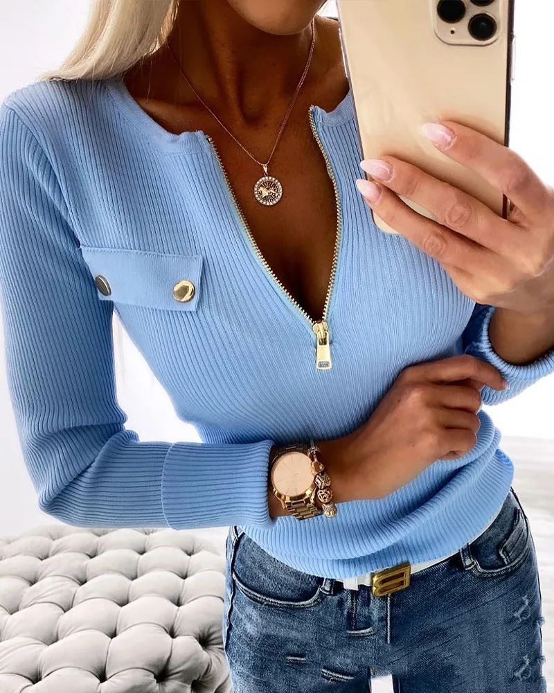 New Fashion Zipper Twist Wool Top - Blue