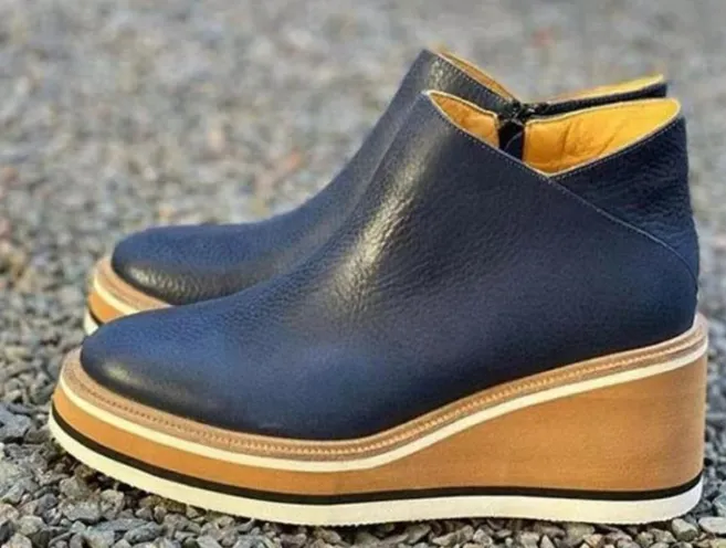 Ankle Boots Women Chunky Block Heel Shoes - Blue