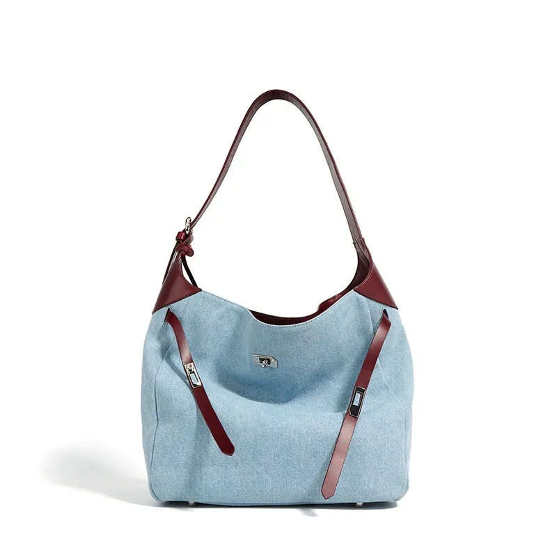 Top Layer Cowhide With Denim Fashion All-match Large Capacity Shoulder Tote Bag - Blue