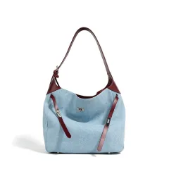 Top Layer Cowhide With Denim Fashion All-match Large Capacity Shoulder Tote Bag - Blue - View 1