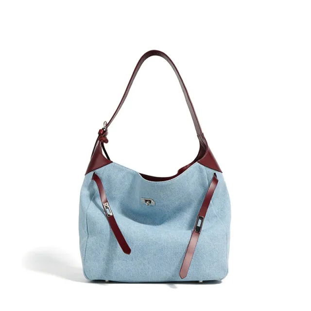 Top Layer Cowhide With Denim Fashion All match Large Capacity Shoulder Tote Bag Blue - Shop at LoveMi