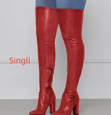 Side Zipper High Chunky Heel Plus Size Below The Knee Long Boots Female Red - Shop at LoveMi