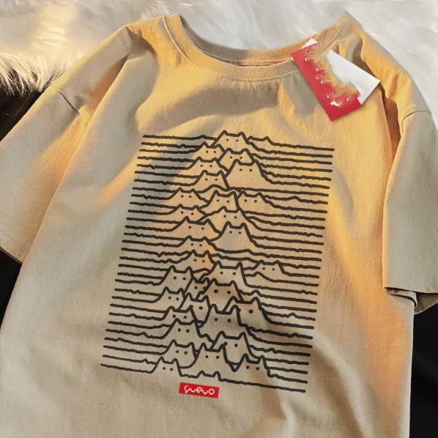Cartoon Pure Cotton Trendy Summer Travel Mountain Cat Line Short Sleeve Coffee - Shop at LoveMi