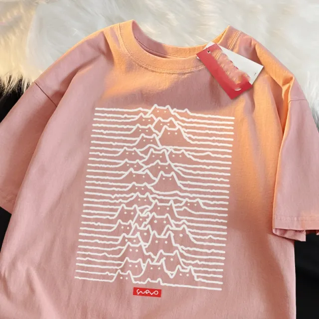 Cartoon Pure Cotton Trendy Summer Travel Mountain Cat Line Short Sleeve Pink - Shop at LoveMi
