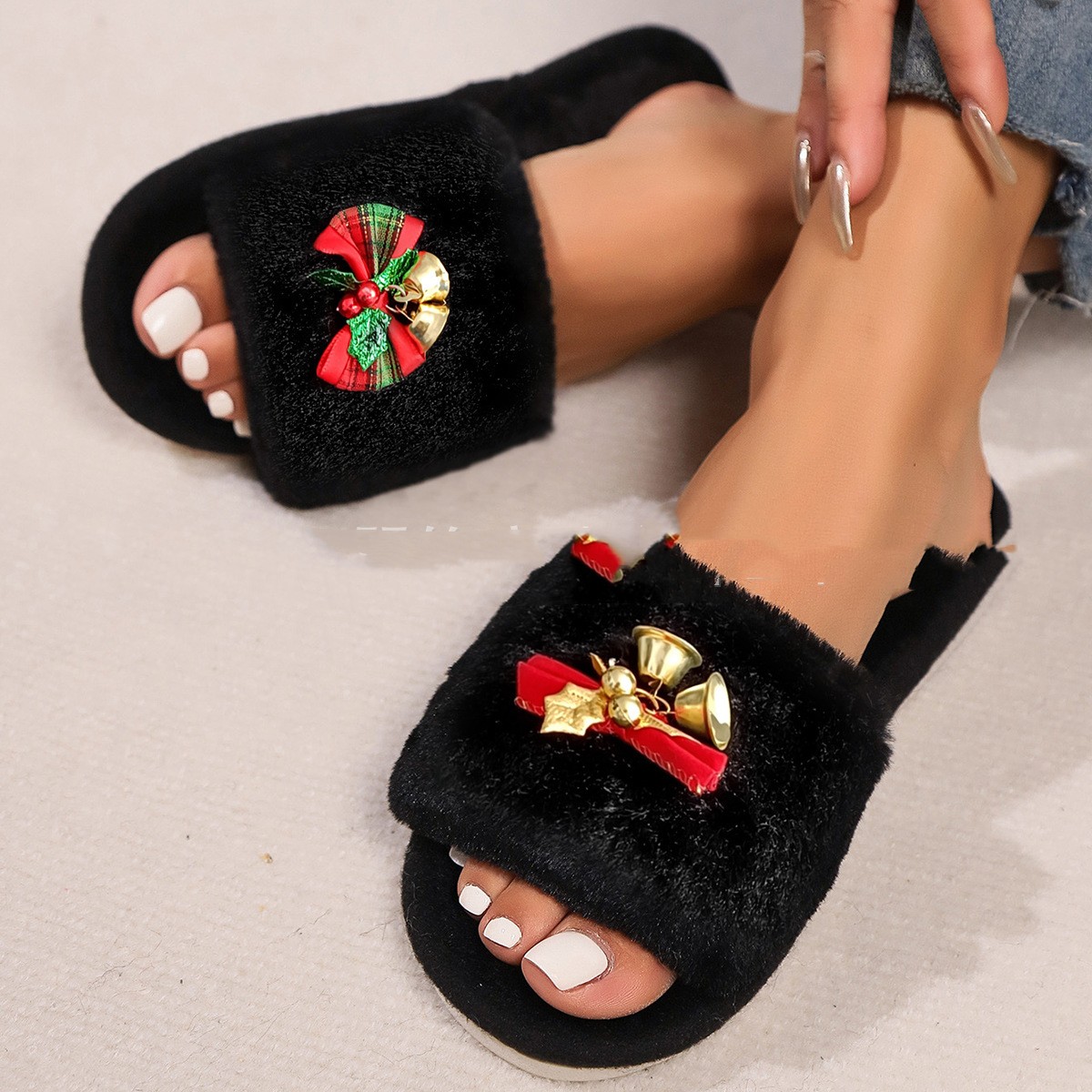 Title 3, Autumn And Winter Open Toe Fluffy Slippers Word...