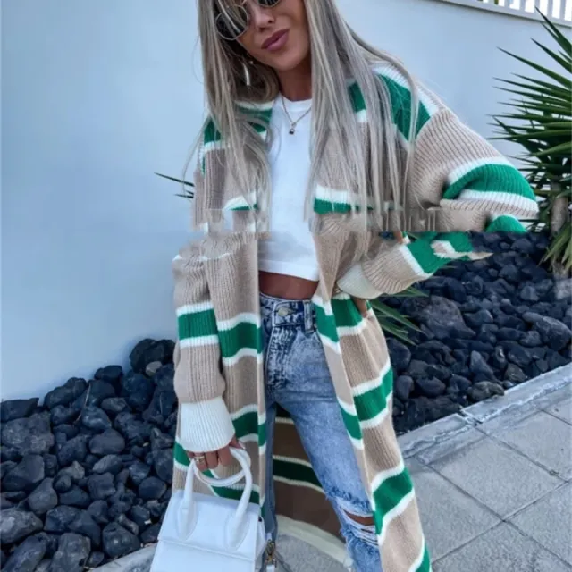 Autumn And Winter New Extended Cardigan Loose Sweater White Stripes - Shop at LoveMi