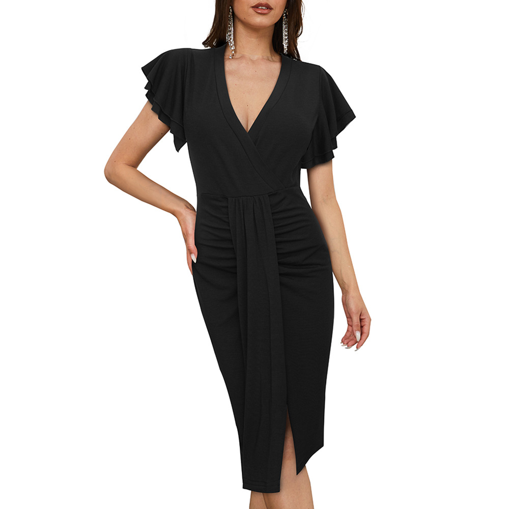 Title 3, Pleated Mid-waist V-neck Solid Color Dress