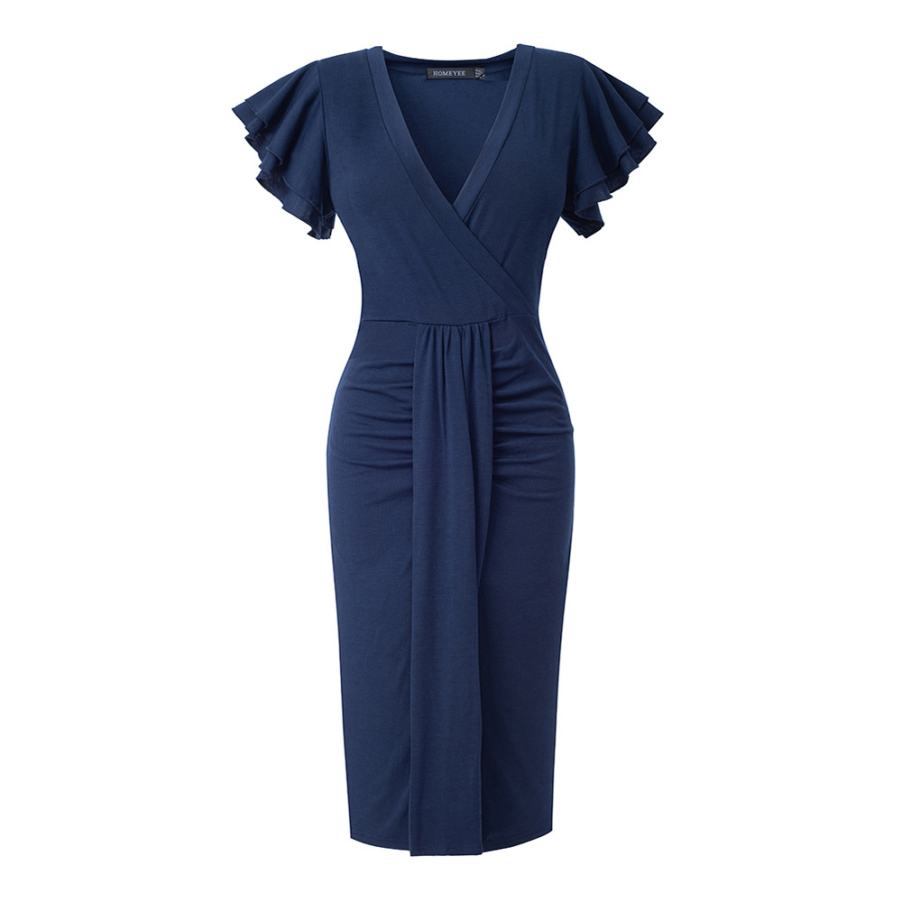 Title 8, Pleated Mid-waist V-neck Solid Color Dress