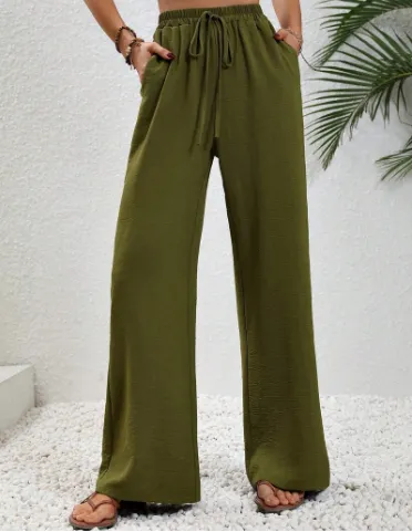 Drawstring Wide legged Pants With Pockets Fashion Casual Trousers Women's Clothing Army Green - Shop at LoveMi