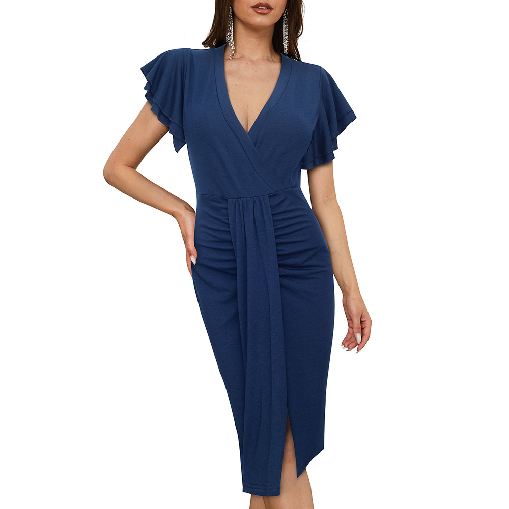 Title 5, Pleated Mid-waist V-neck Solid Color Dress